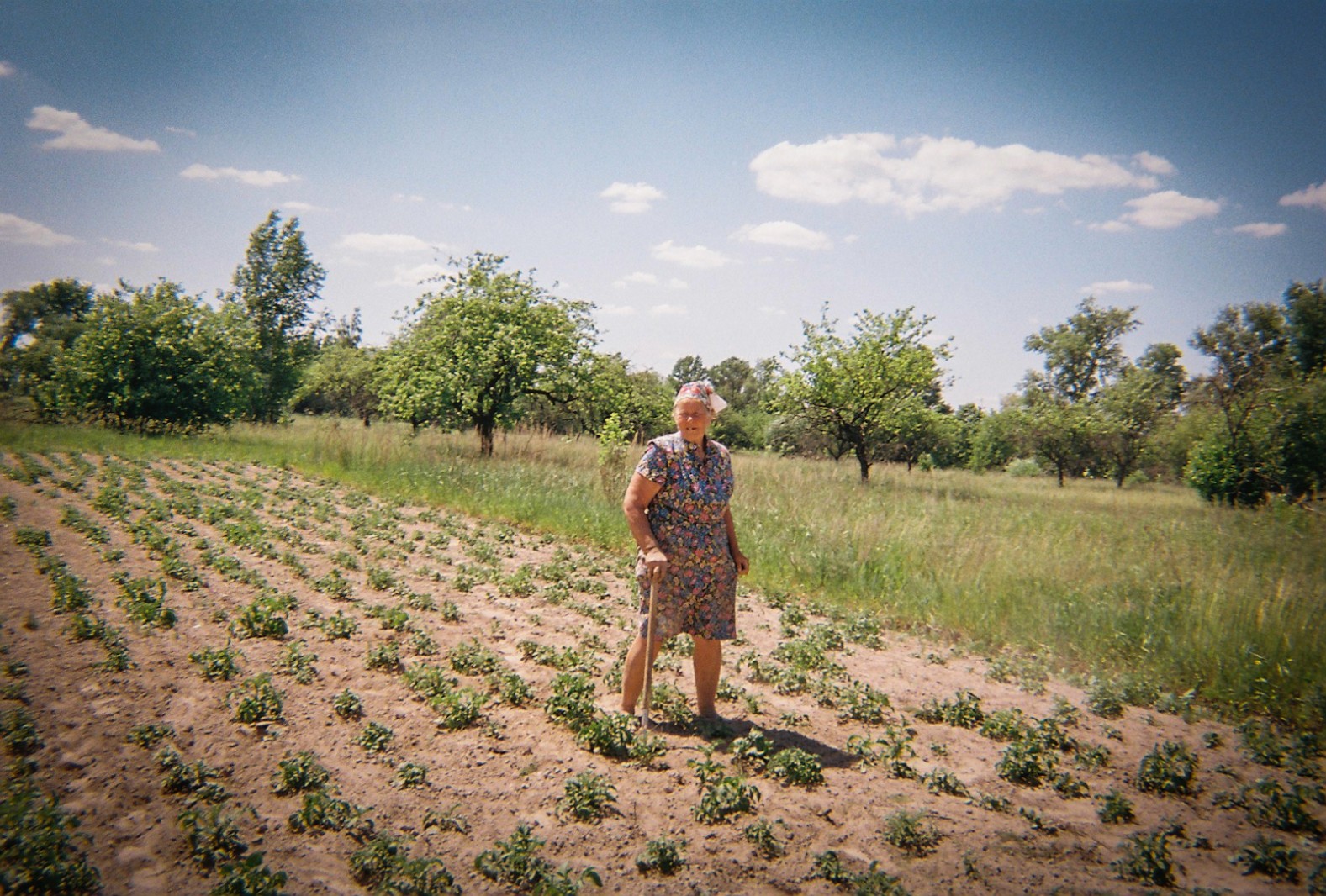 A woman stands in her field near the fence around the Exclusion Zone